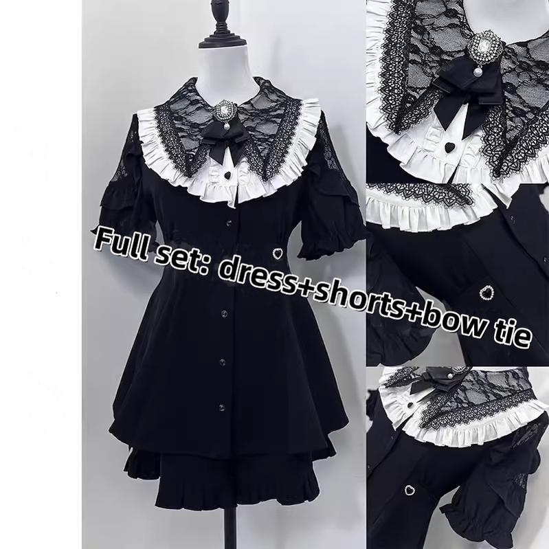 Jirai Kei Full Set Short Sleeve Puritan Collar Black Dress Set (L M XL / Black) 37842:573672