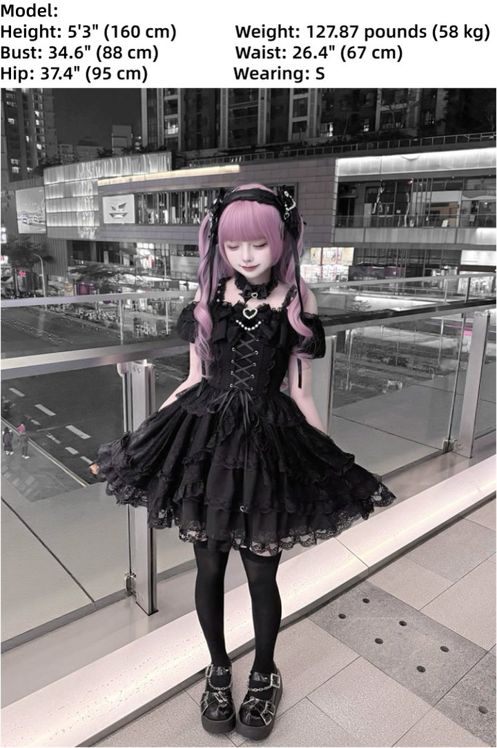 Black Jirai Kei Open Shoulder Dress, Rhinestone Strap 44950:832540