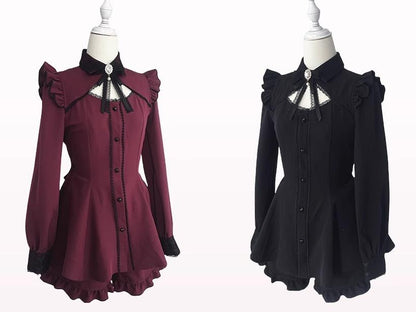 Jirai Kei Dress Set Black Wine Red Lace Trims Long Sleeve Set 35308:492900
