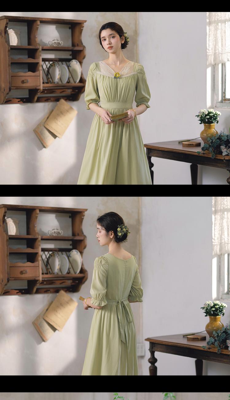 Mori Kei Dress Elegant Prom Dress Matcha Green Lace Trim Dress 36344:547358