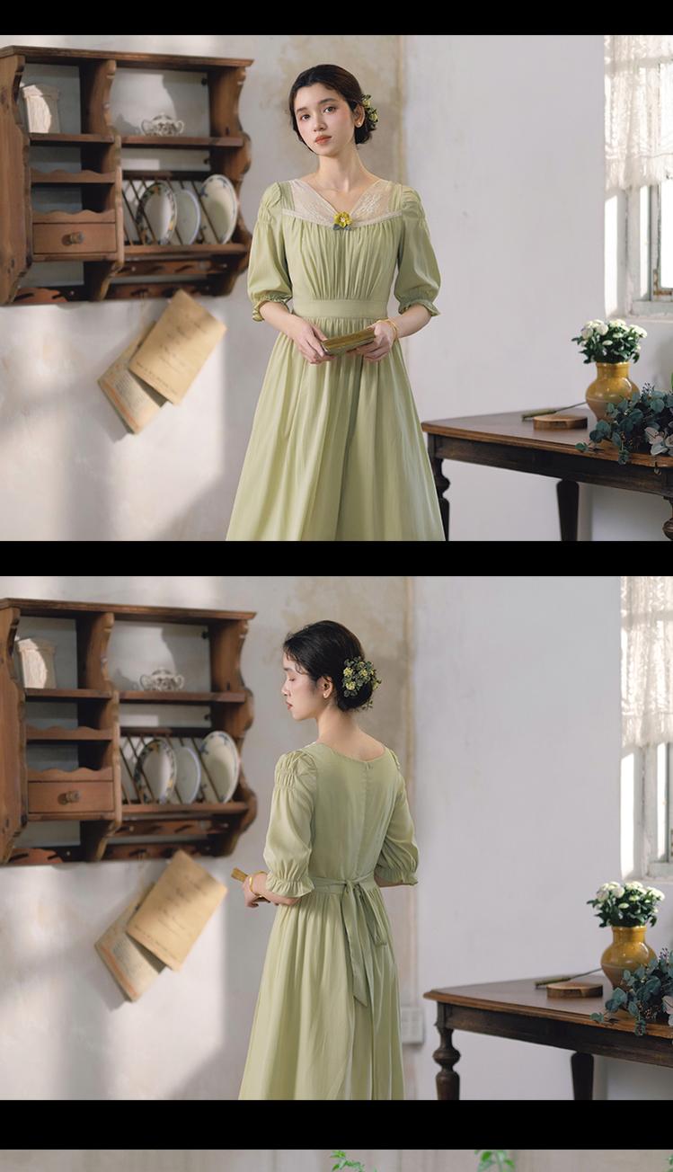 Mori Kei Dress Elegant Dress Matcha Green Lace Trim Dress 36344:547358
