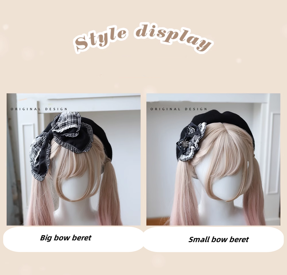 Lolita Beret Retro Bow Hat Black And White Plaid Hat 39650:635558