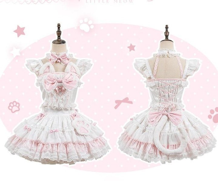 Kawaii Lolita Tiered Skirt Set, Cat Ears & Polka Dot Bow 44958:837134