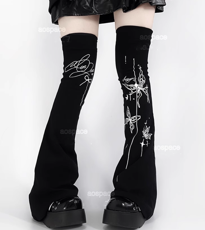 Y2K Leg Warmers Flared Leg Covers Butterfly Print Socks (L S XL / Black) 39674:637178