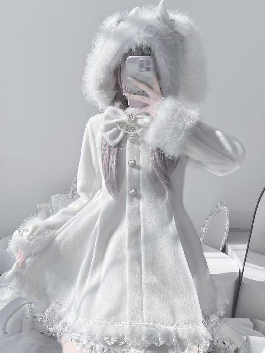 Jirai Kei Coat Wool Blend Coat Bunny Ear Hood Jacket (White / L M S) 41328:690786