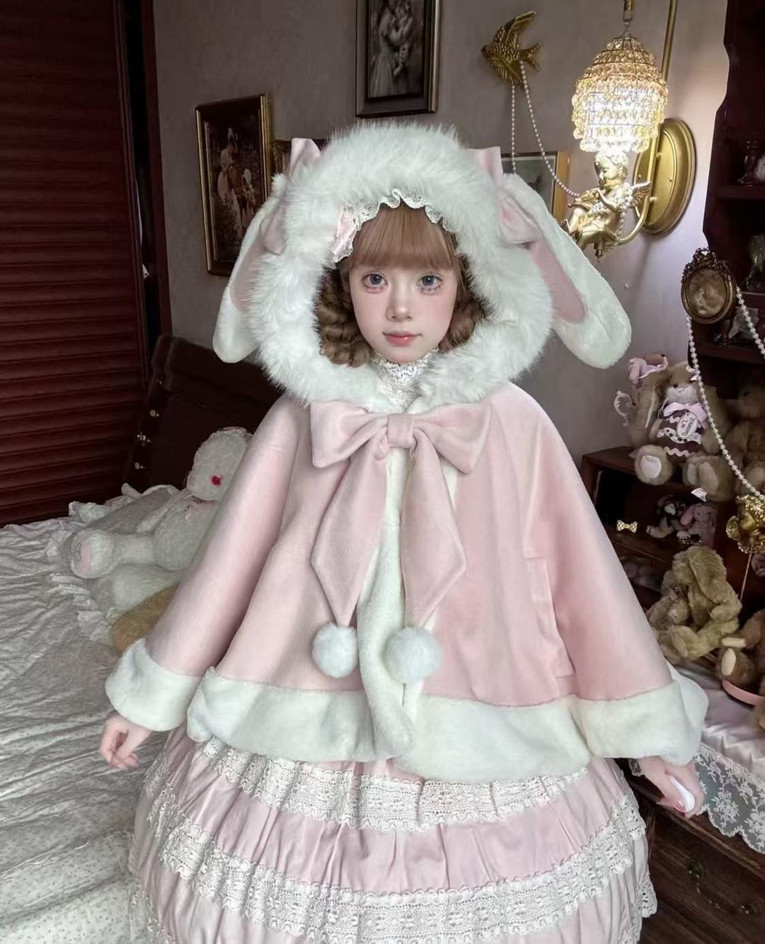 Sweet Lolita Coat Kawaii Ribbon Bunny Ear Cape For Winter 40290:678336