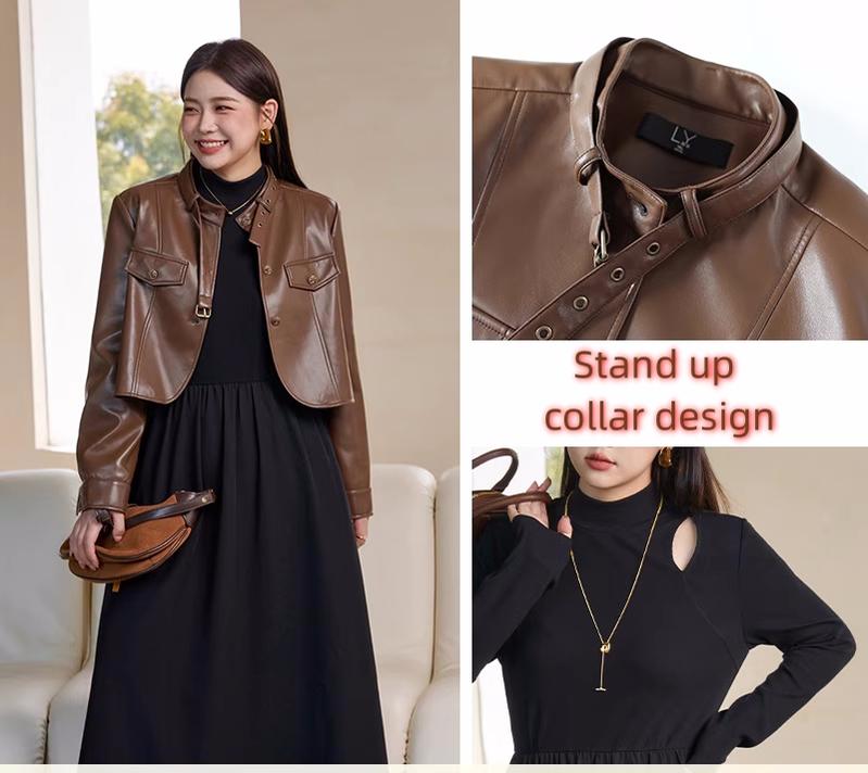 Plus Size Brown Leather Jacket Black Dress 29808:362924 29808:362924