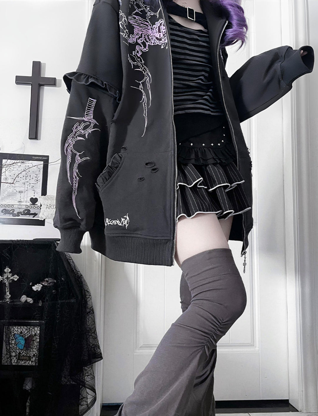 Punk Hooded Jacket, Ripped Details & Horse Embroidery 45939:871331