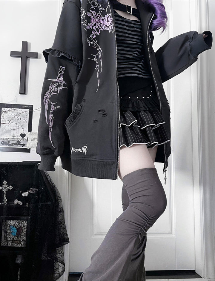 Punk Hooded Jacket, Ripped Details & Horse Embroidery 45939:871331