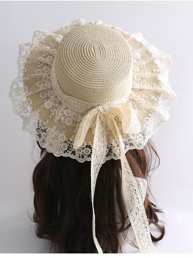 Mori Kei Sunhat Country Lolita Lace Frill Straw Hat With Ribbon Bow 42248:735450