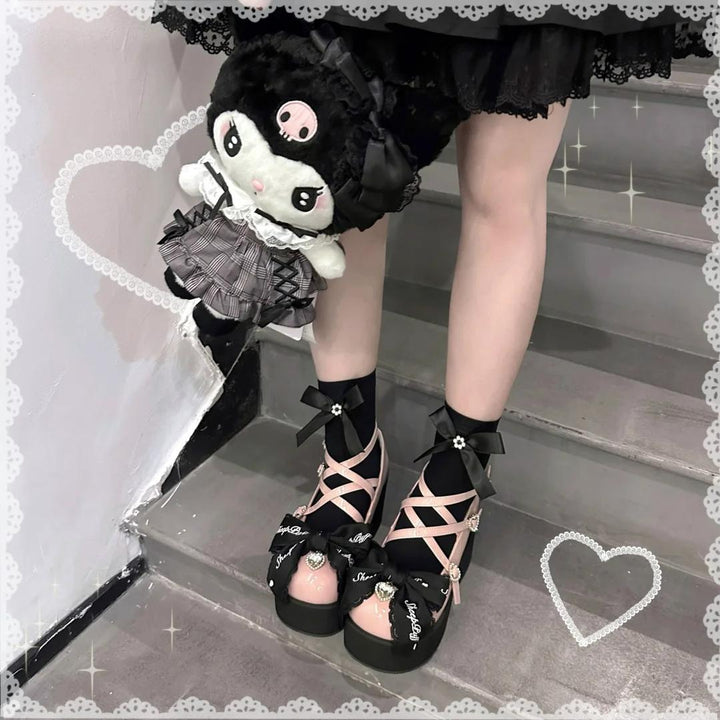 Jirai Kei Shoes Black Pink Platform Shoes Bow Buckle Shoes 21984:631694