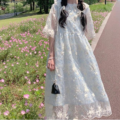 Kawaii Mori Kei Dress Blue Floral Sweet Dress 36206:523598