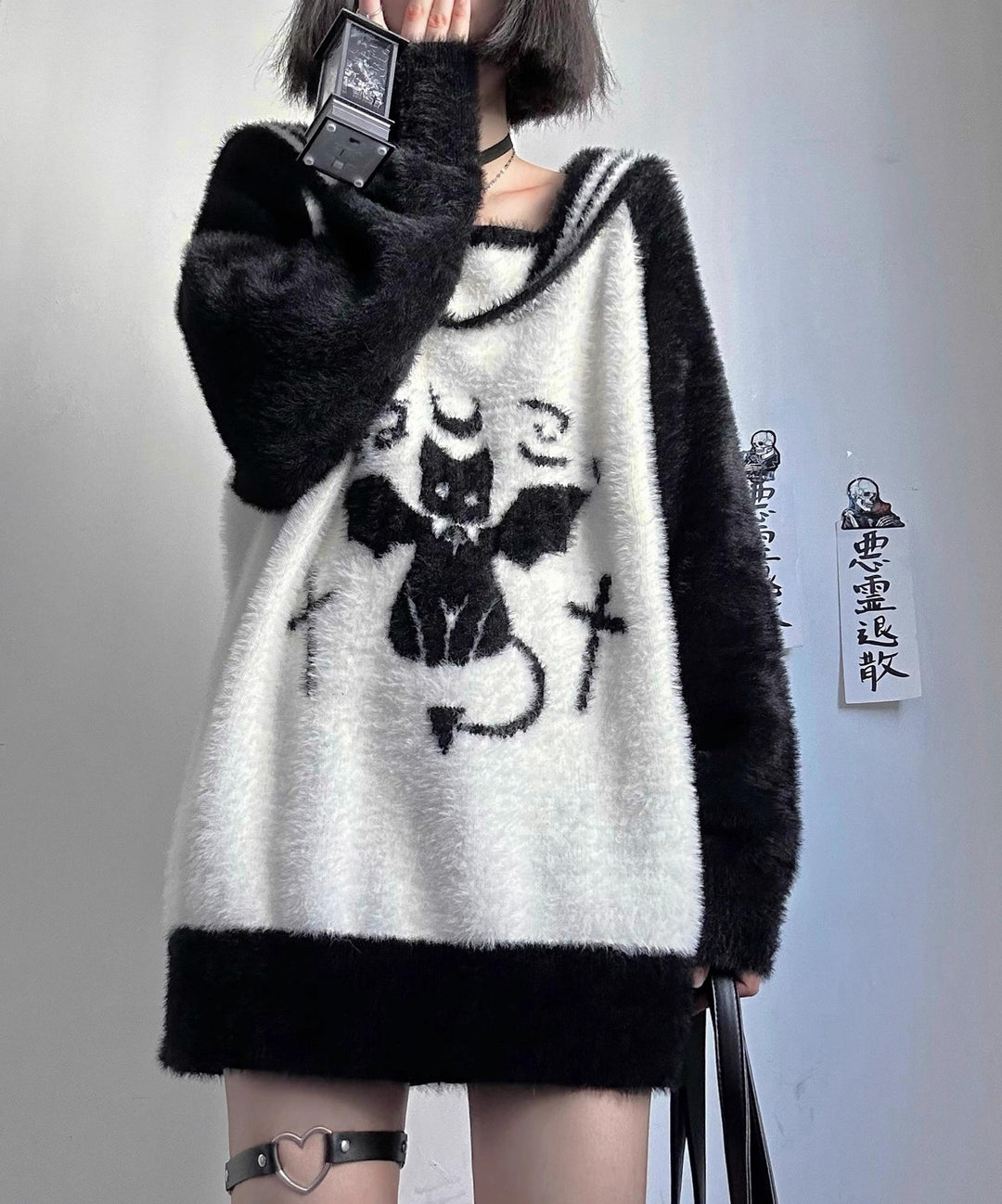 Jirai Kei Sweater Black White Devil Cat Sailor Collar Sweater 32632:409762 32632:409762