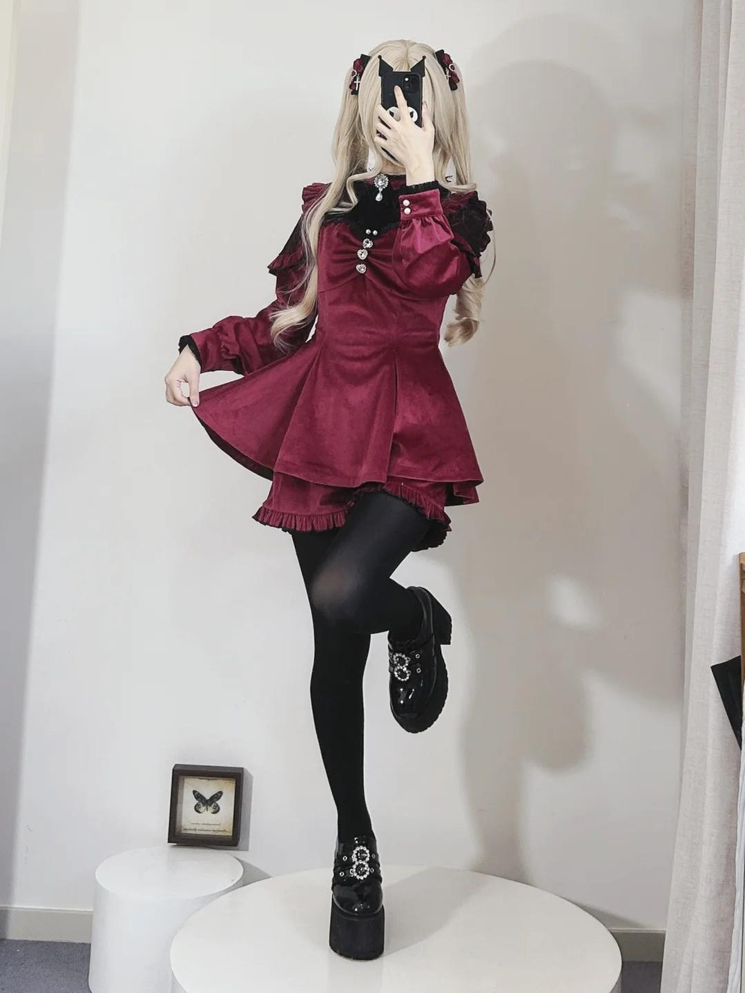 Jirai Kei Dress Set Red Black Long Sleeve Velvet Dress 41984:725772