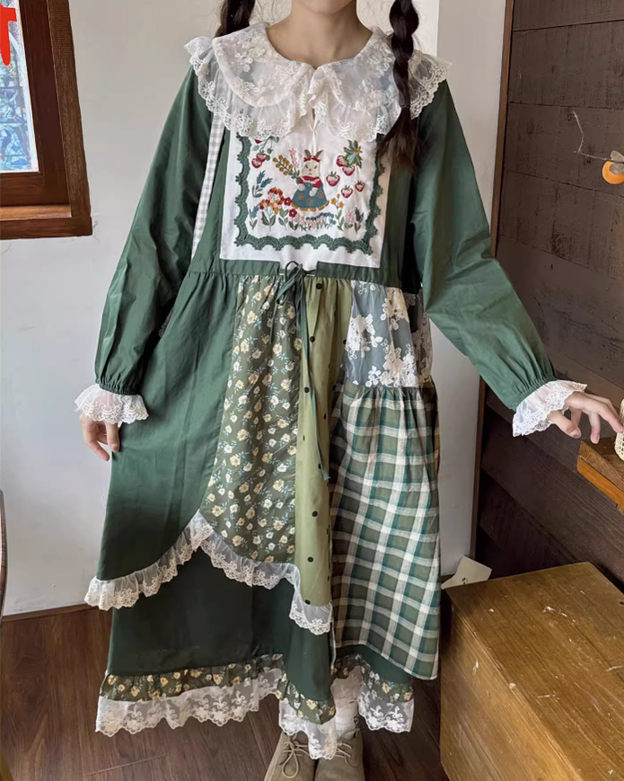 Cottagecore Dress Mori Kei Dress Green Floral Patchwork Dress 36226:525208
