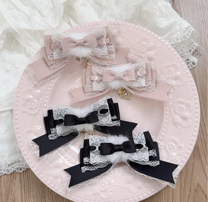 Jirai Kei Layered Bow Hair Clip, Soft Pom-pom 45566:855099