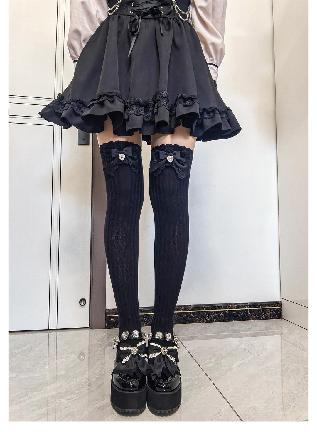 Jirai Kei Over-the-Knee Knit Socks, Bow & Lace (Black) 46069:875524