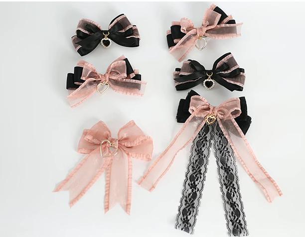 Jirai Kei Black Pink Hair Pin With Lace And Bow 22530:322912