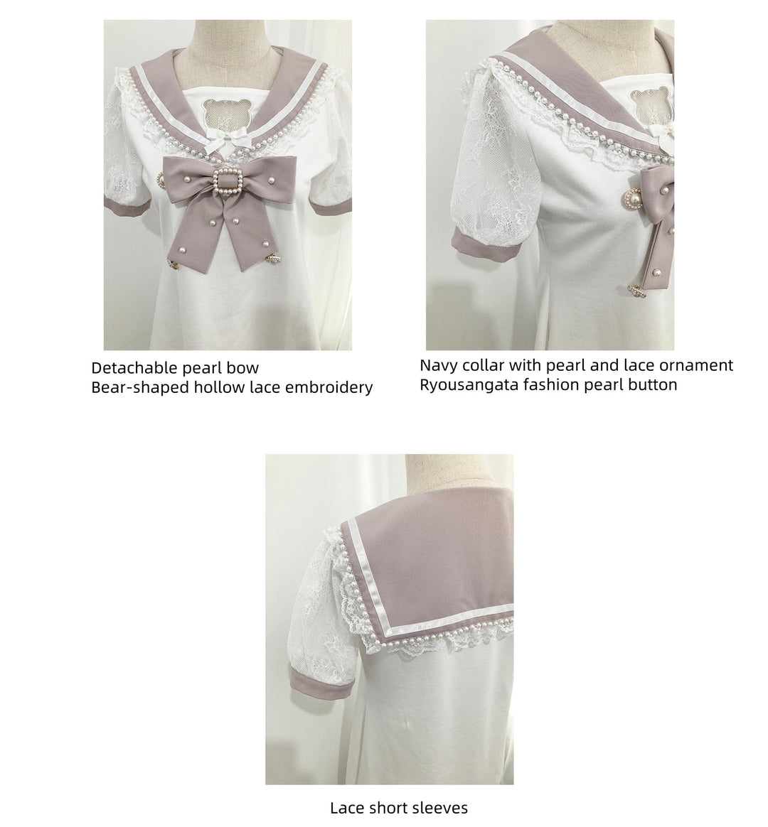 Jirai Kei Dress Sailor Collar Pearl Lace Dress 37656:606558