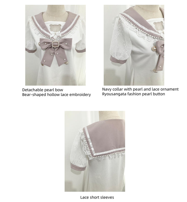 Jirai Kei Dress Sailor Collar Pearl Lace Dress 37656:606558