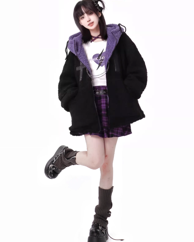 Jirai Kei Winter Coat Purple Black Outfit Sets Bear Ears Jacket 32572:421940 32572:421940