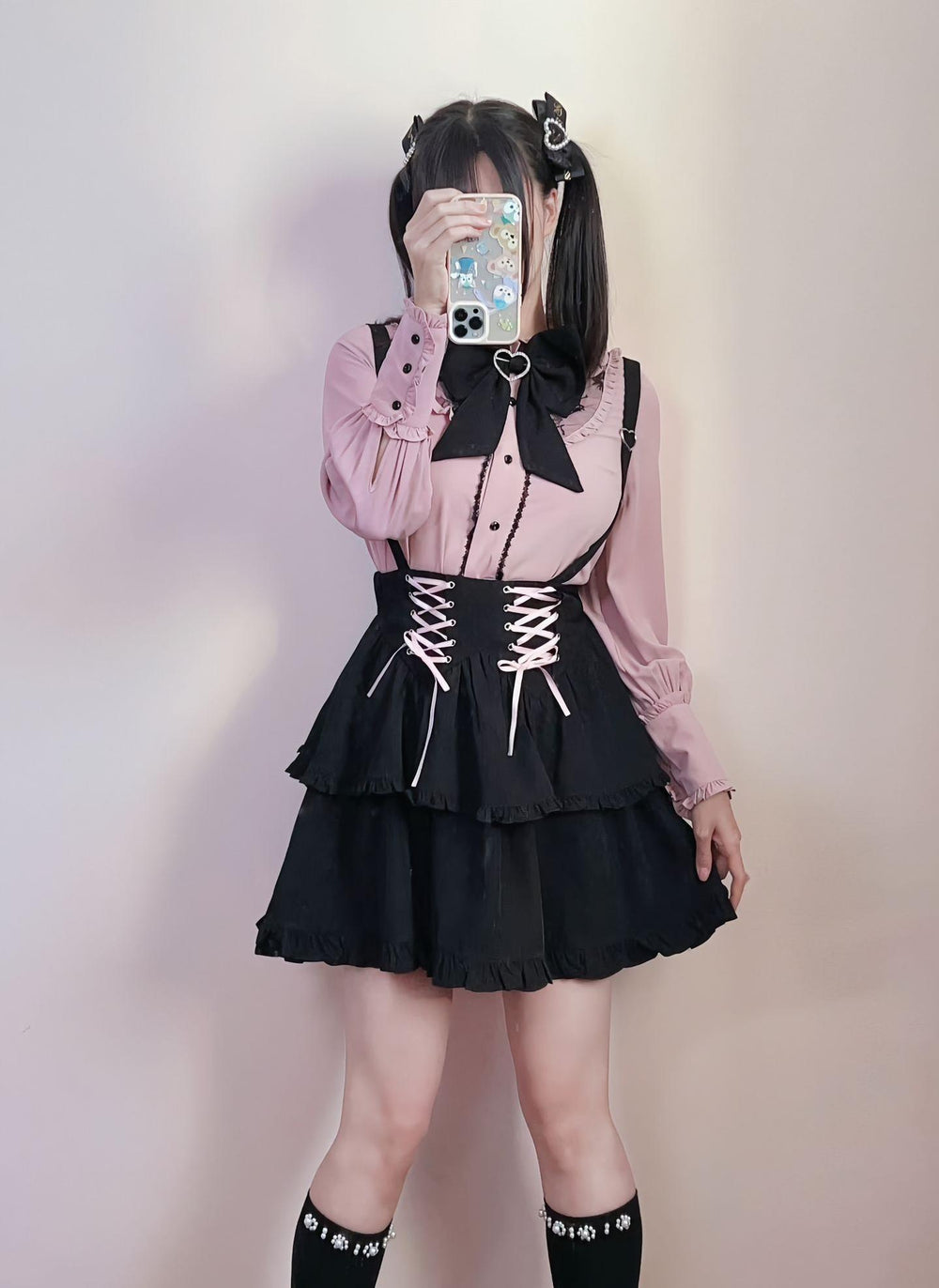 Jirai Kei Blouse Pink Blue Shirt Black Lace Up Skirt (L M S XL) 21832:760684