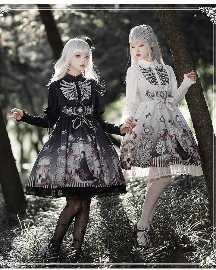 Gothic Lolita Dress Set Black White Lolita Blouse Dress Set 35536:495664