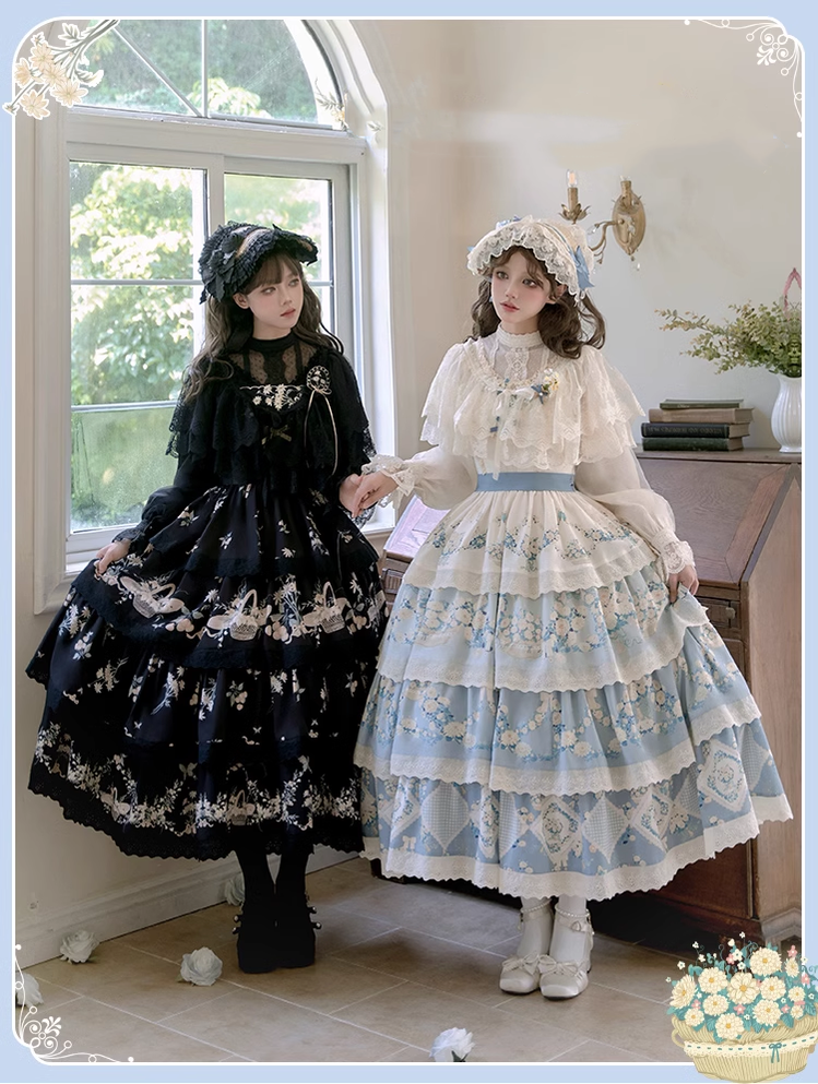 Classic Lolita Dress Twins Cottagecore Embroidery Tiered Dress 39470:641272