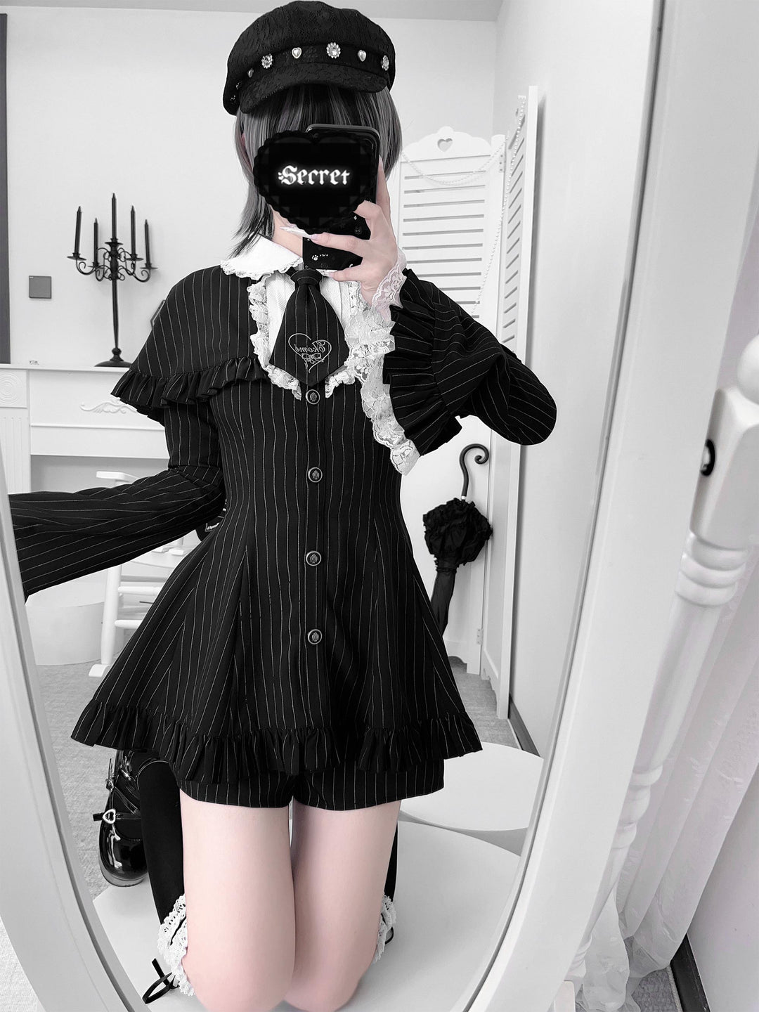 Jirai Kei Cape Dress Set, Detachable Embroidered Tie 44586:814416