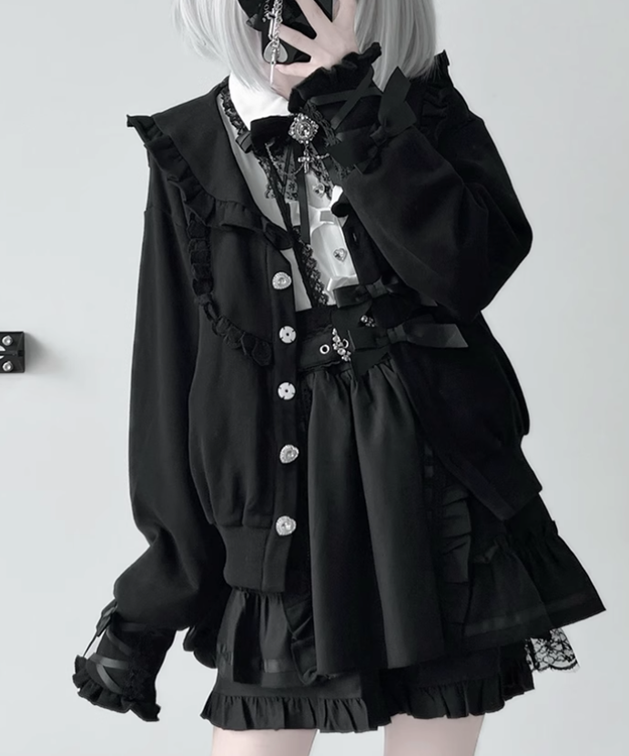 Jirai Kei Jacket Sailor Collar Coat With Lace Bow and Peal Chain 42148:730699