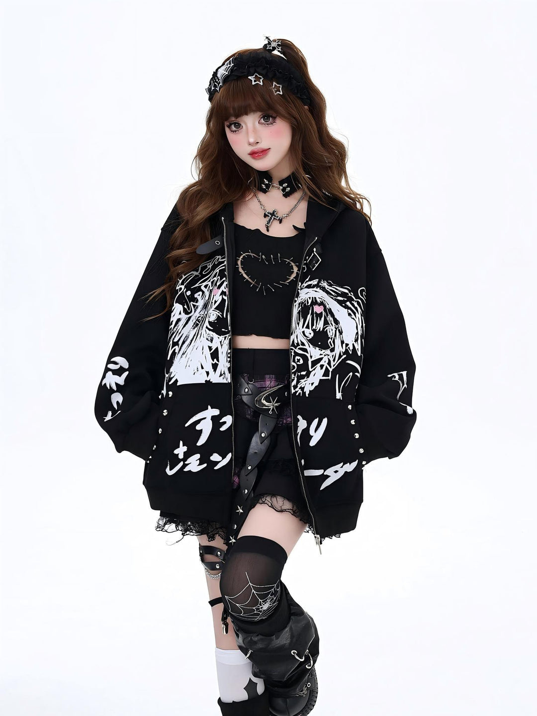 Jirai Kei Coat Dark Comic Print Autumn Hoodie (L M S / Black) 39404:627208