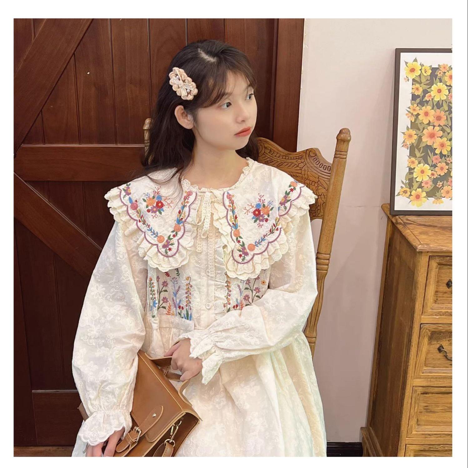 Cottagecore Dress Mori Kei Dress Embroidered Lace Dress 36214:524396
