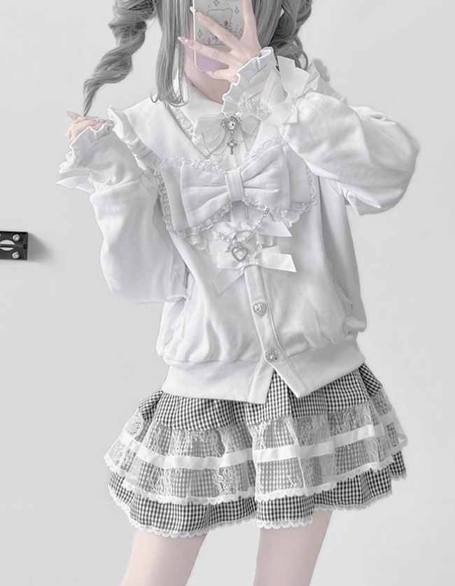 Jirai Kei Jacket Sailor Collar Coat With Lace Bow and Peal Chain 42148:730697