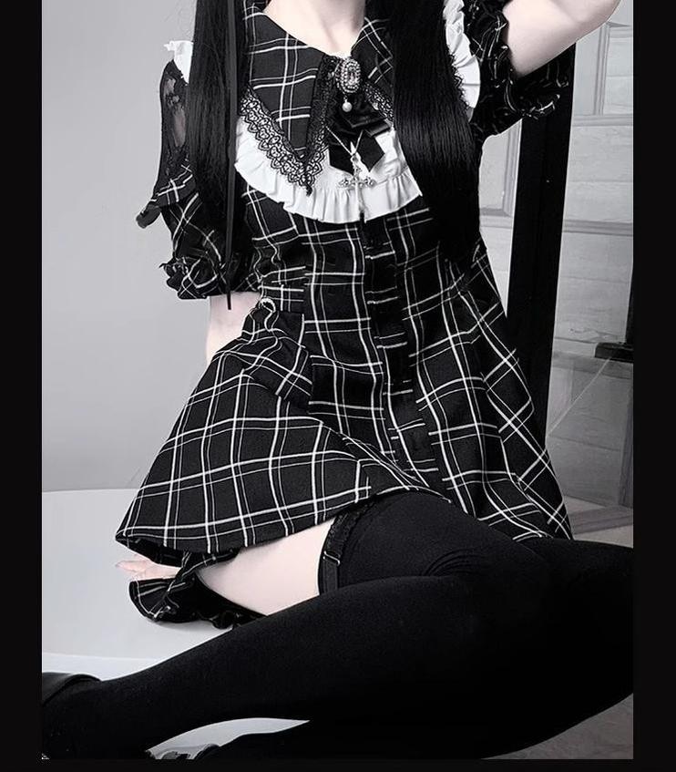 Jirai Kei Dress Set Black Plaid Dress With Puritan Collar 39506:760375