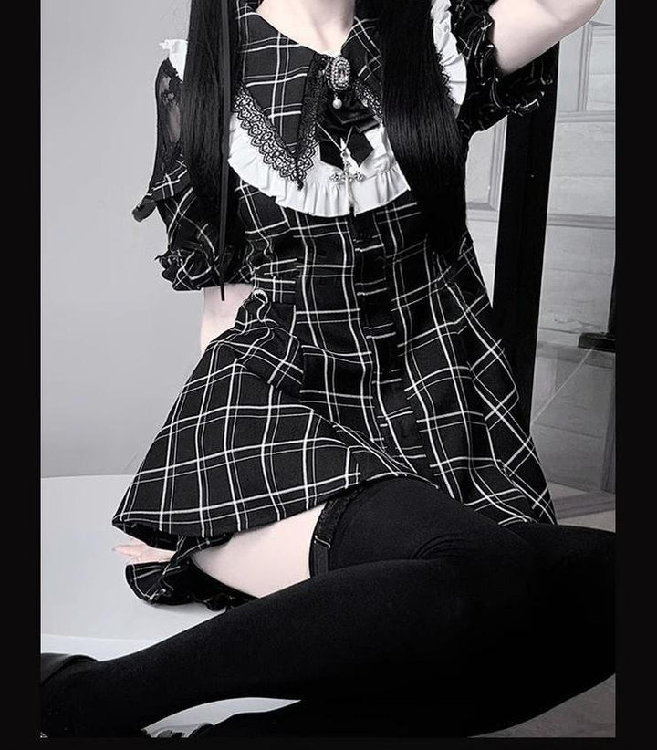 Jirai Kei Dress Set Black Plaid Dress With Puritan Collar 39506:760375