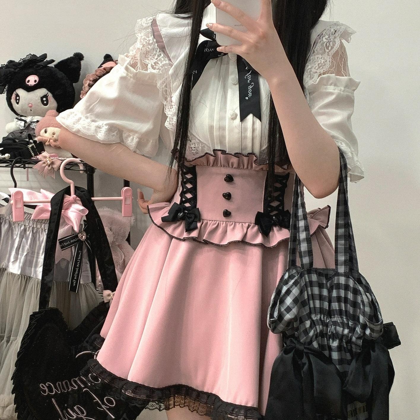 Jirai Kei Suspender Skirt Ruffled Lace Strap Salopette 35372:544190