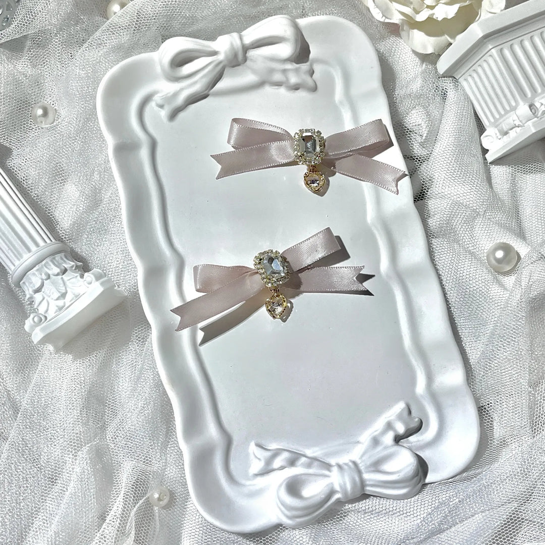 Jirai Kei Bow Hair Clips Set, Rhinestone & Pearl Accent 45776:866492