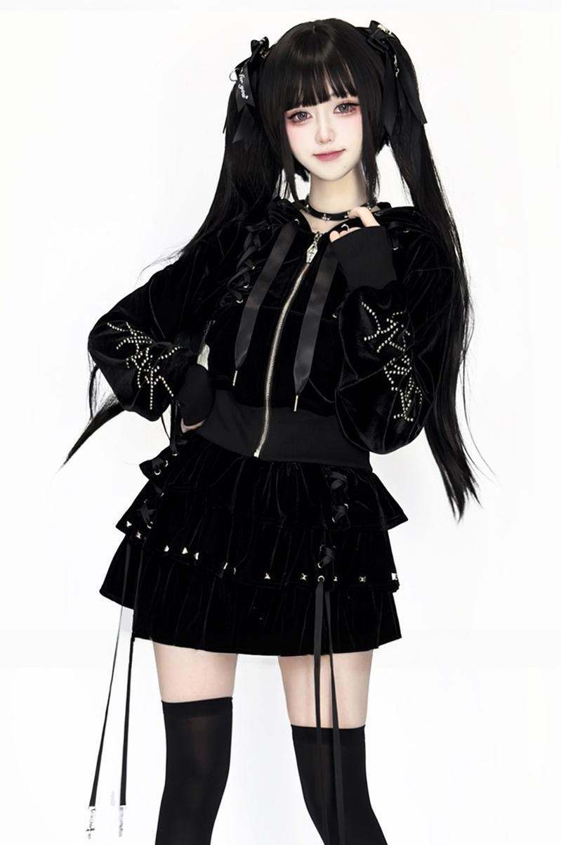 Subculture Skirt Outfit, Short Zipper Closure Hoodie 44484:816748