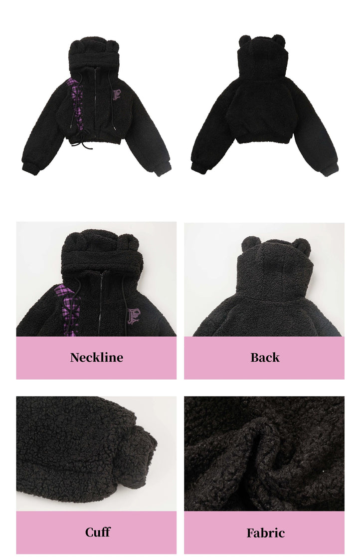 Jirai Kei Winter Coat Purple Black Outfit Sets Bear Ears Jacket 32572:421952 32572:421952