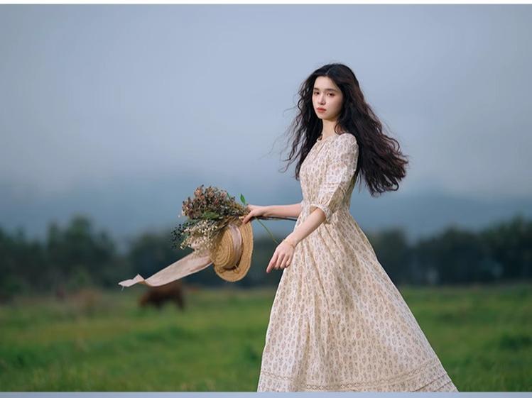 Mori Kei Dress Cottagecore Floral Dress French Artistic Cotton Dress 36340:546944