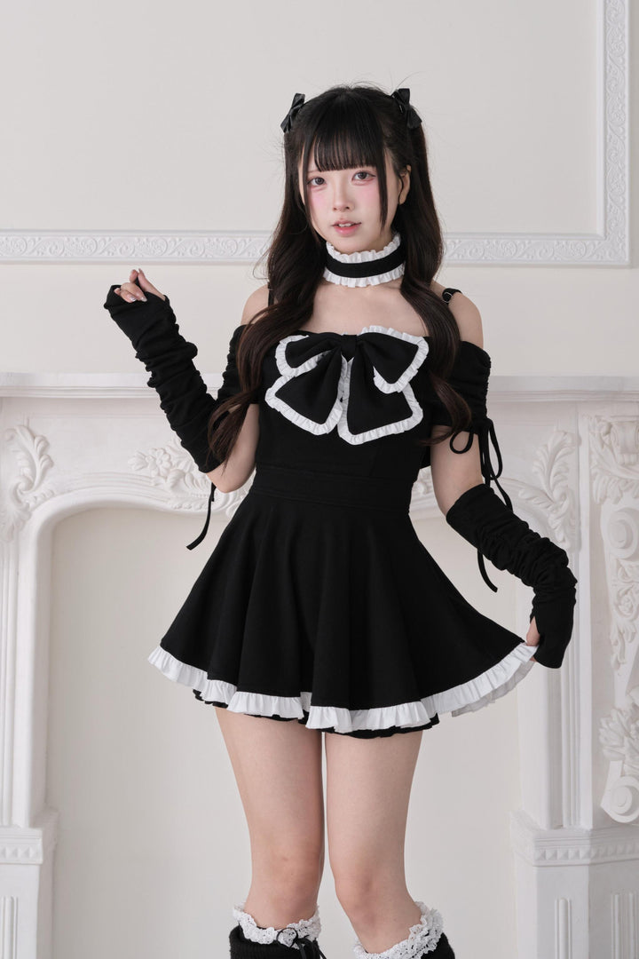 Jirai Kei Dress Set, Off-Shoulder Dress, Ruffled Choker (M S) 44943:830424