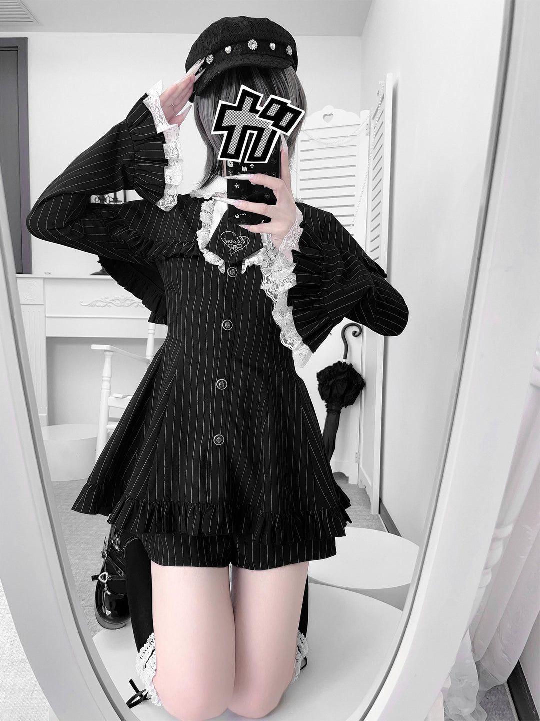 Jirai Kei Cape Dress Set, Detachable Embroidered Tie 44586:814432