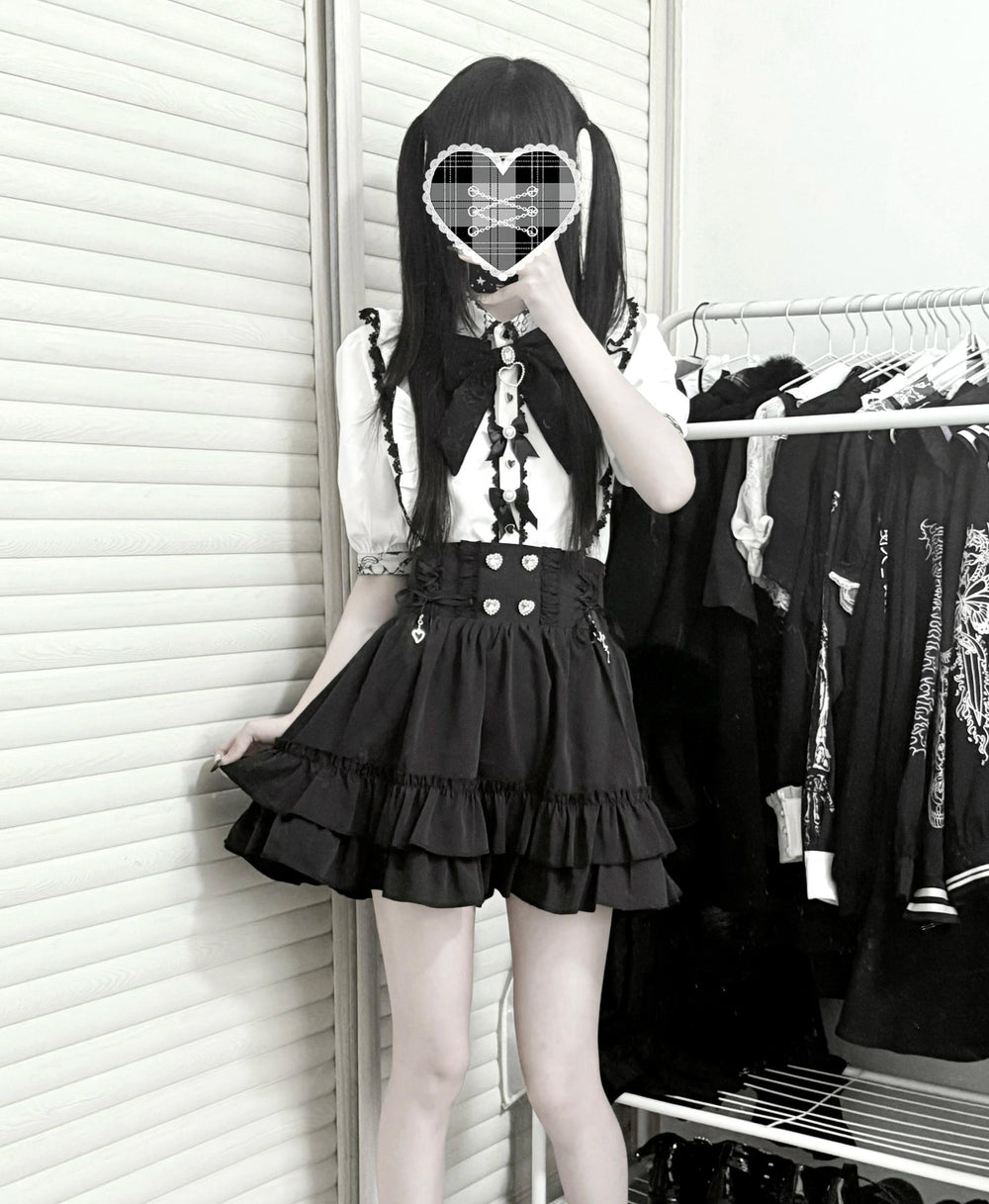 French-style Jirai Kei Blouse With Large/Small Bow Pins (2XL L M S XL) 43196:772007