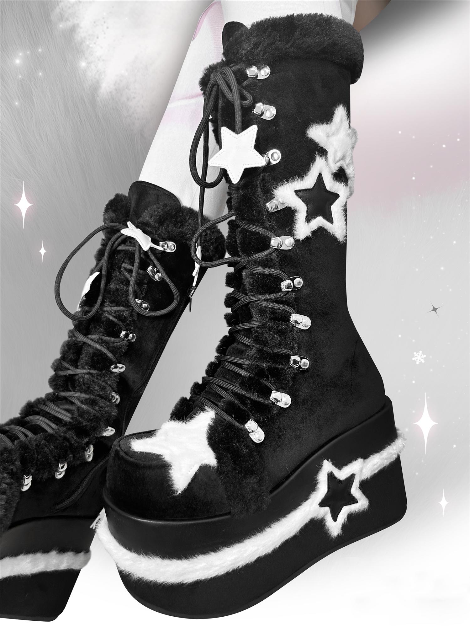 Y2K Platform Shoes Black Plush Combat Boots 33824:439608