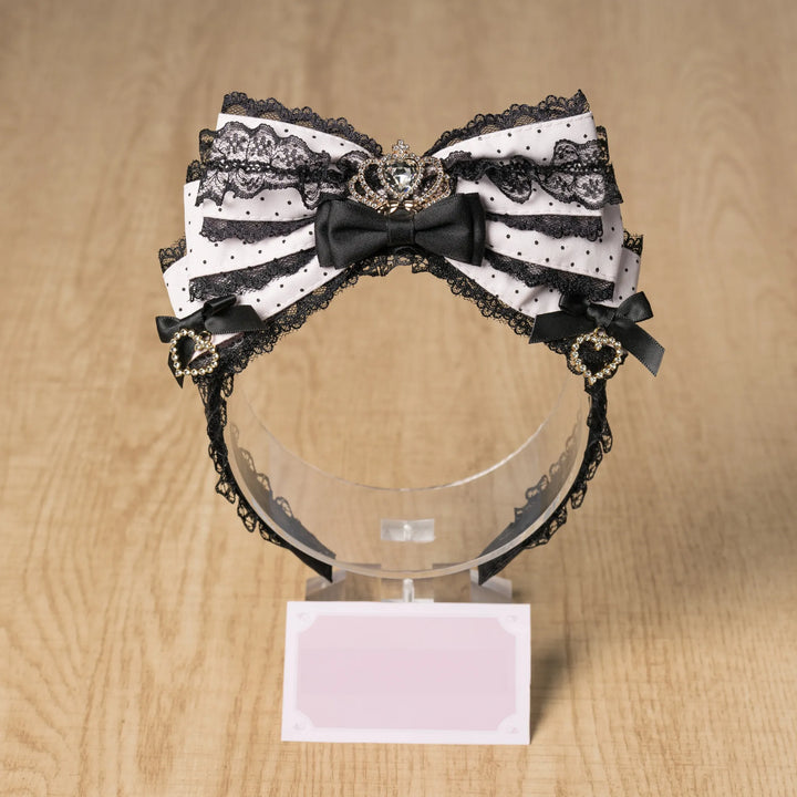 Jirai Kei Layered Bow Lace Headband, Crown & Heart Rhinestone 45960:870872