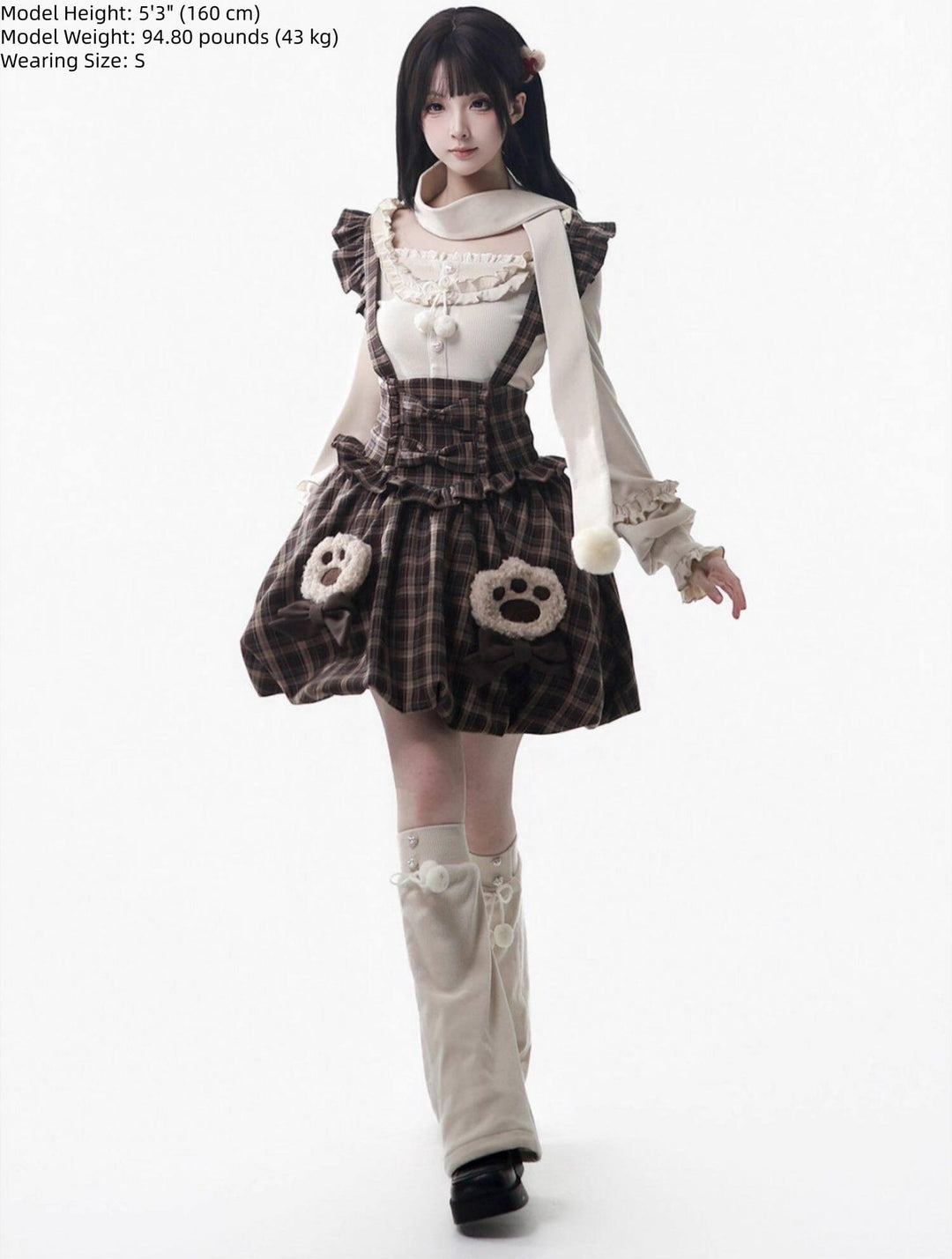 Winter Plaid Suspender Bubble Skirt, Bear Ear Plush Cape 45991:872214