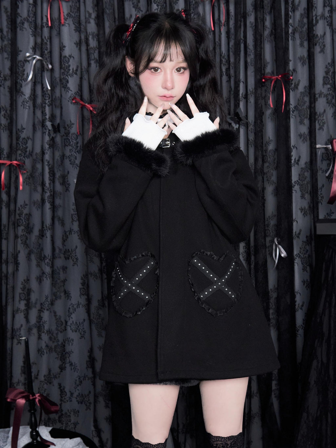 Jirai Kei Coat Black Jacket Heart-Shaped Pockets Hood 40390:667714