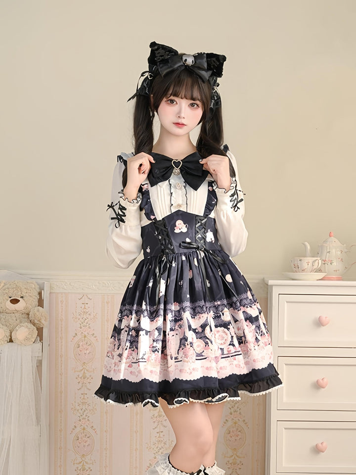 Kawaii Ryousangata Dress Long-sleeved Cat Printed OP Dress 40560:665170