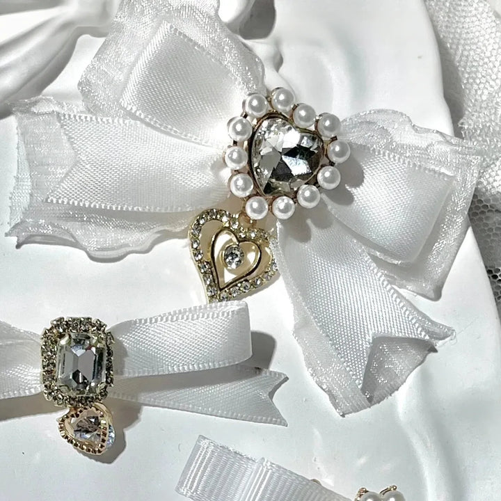 Jirai Kei Bow Hair Clips Set, Rhinestone & Pearl Accent 45776:866472