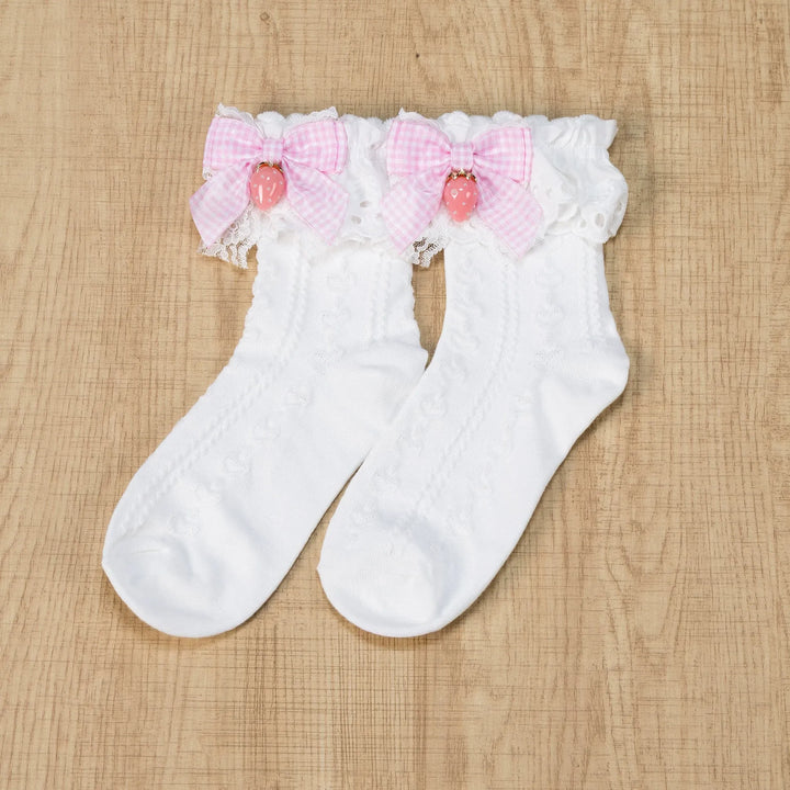 Ryousangata Plaid Bow Socks, Strawberry Pendant 45962:870153